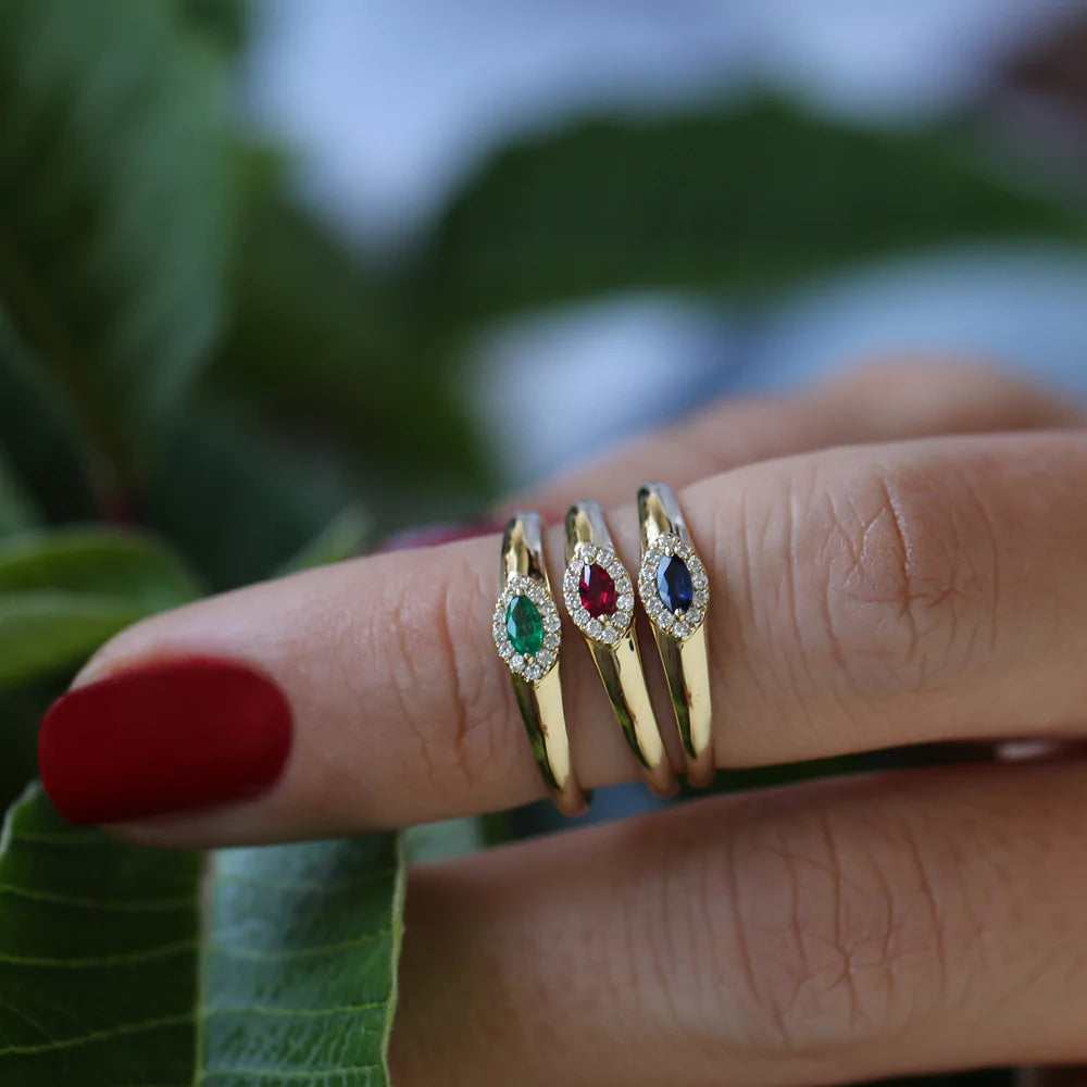 Solid Gold Marquise Ruby Ring in Halo Setting