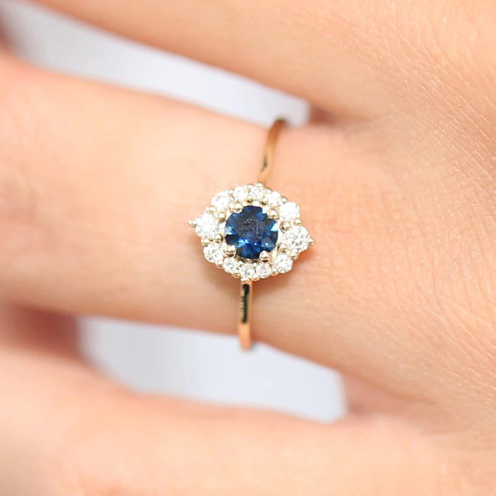 Solid Gold Round Sapphire Halo Diamond Engagement Ring
