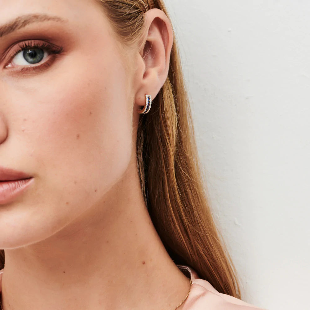 Solid Gold Sapphire and Round Diamond Hoop Earrings