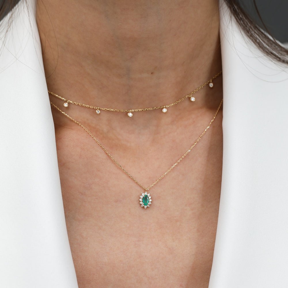 Solid Gold Diamond Halo Emerald Necklace (D33648)
