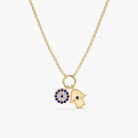 Solid Gold Evil Eye & Hamsa Charms Necklace (DC586A)