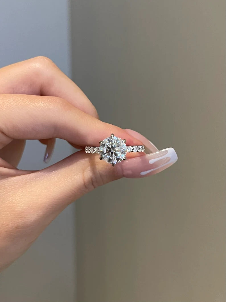 Solid Gold Engagement Ring 3.5ct Round Moissanite 6-Prong Channel Pave