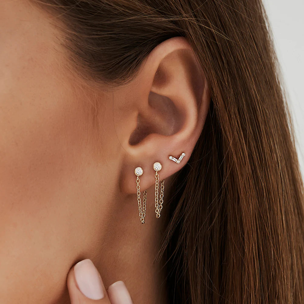 Solid Gold Bezel Setting Diamond Studs Chain Earrings