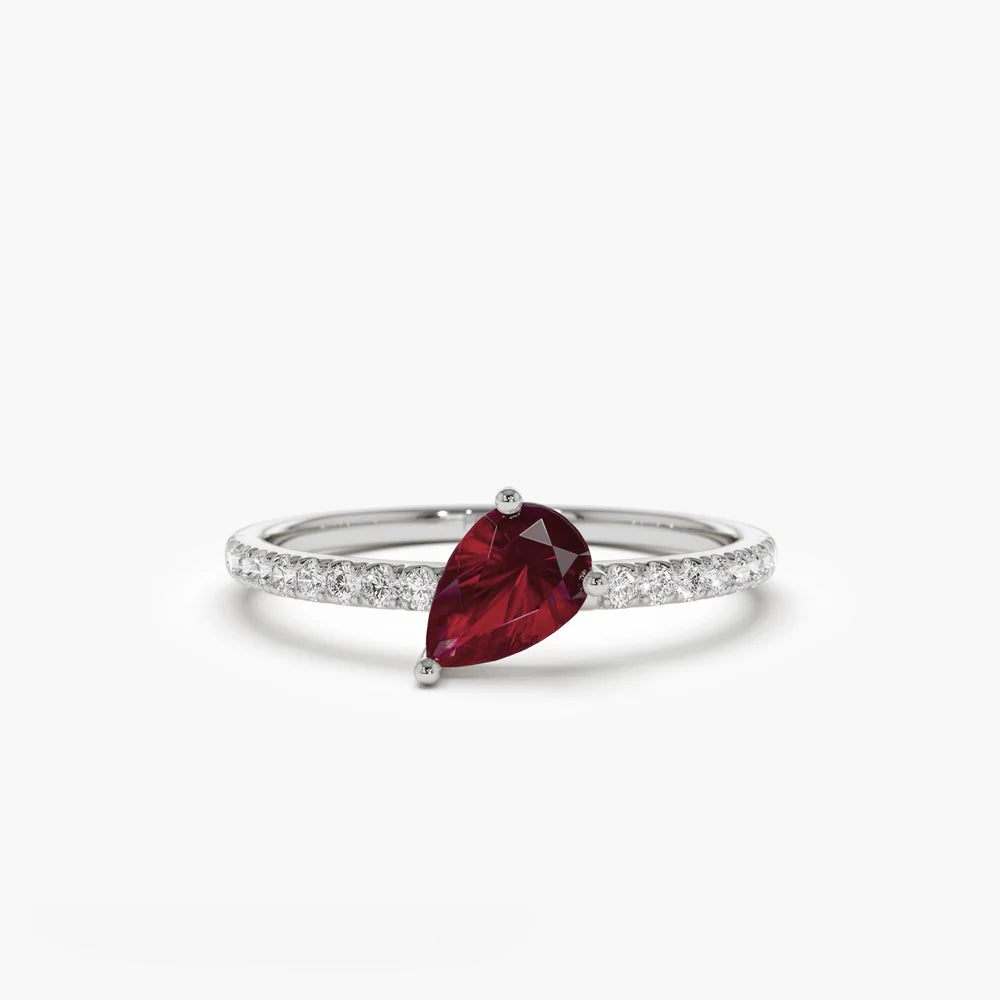 Solid Gold Slanted Pear Shape Ruby Ring with Pave Diamonds