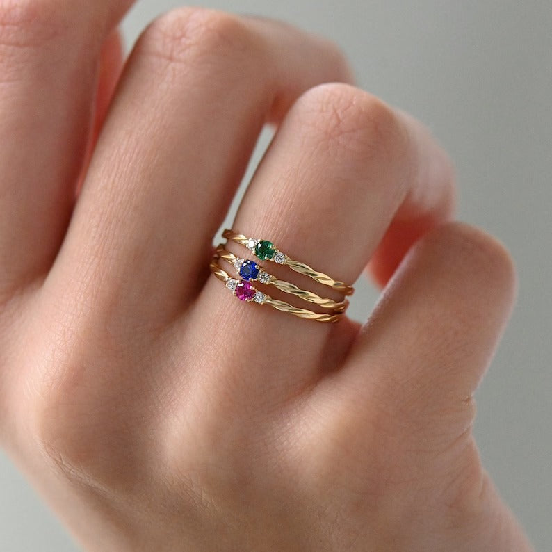 Solid Gold Emerald Minimal Twisted Solitaire Ring