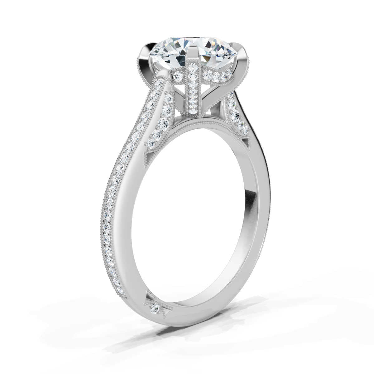 18K Solid Gold 2 CT Round Diamond Ring with Pavé Diamond Accents