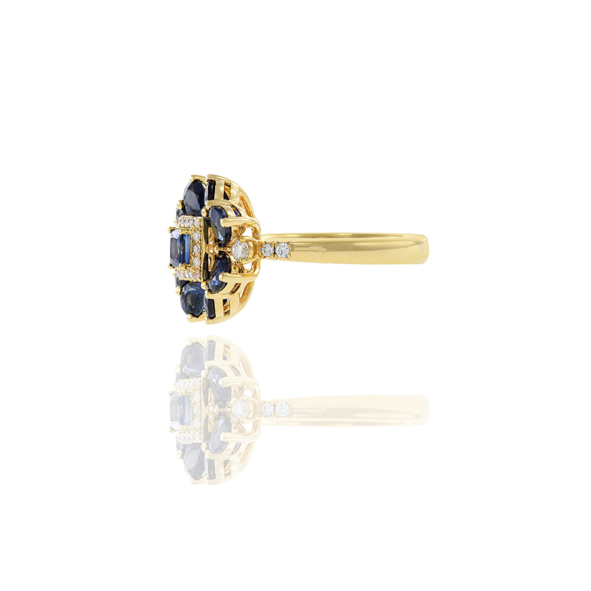 Solid Gold Blue Sapphire And Diamond Flower Ring