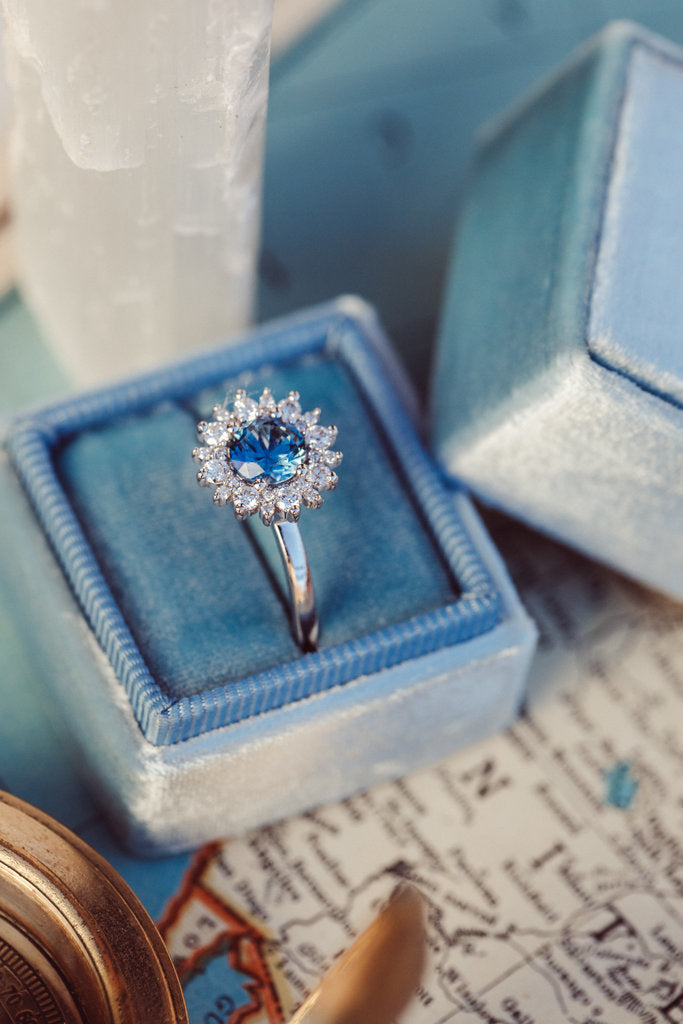 Solid Gold 0.84ct Round Blue Montana Sapphire Halo Ring