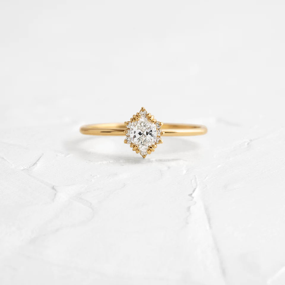 Solid Gold Threaded Ring with Halo, 0.32ct. Oval Cut Diamond