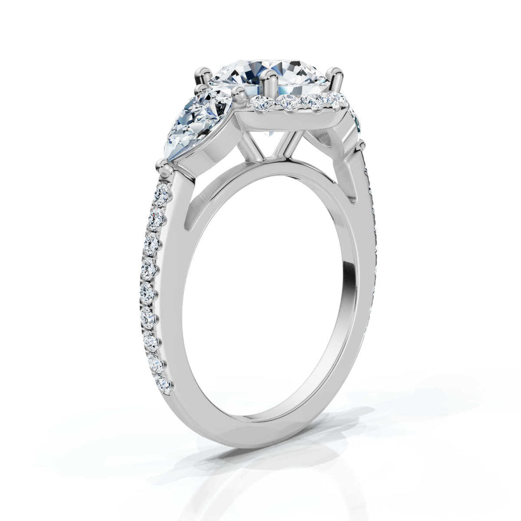 14K Solid Gold 3 CT Three Stone Pear & Round Lab Grown Diamond Ring - Style B