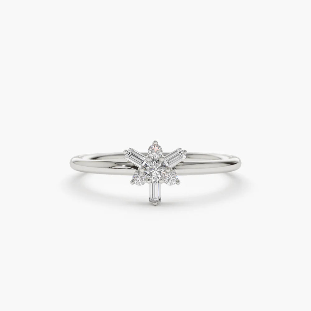 Solid Gold Triangle Shape Baguette & Round Diamond Stacking Ring