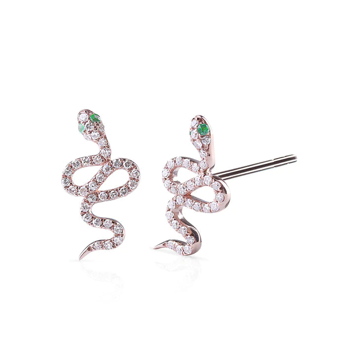 Solid Gold Diamond And Emerald Snake Studs