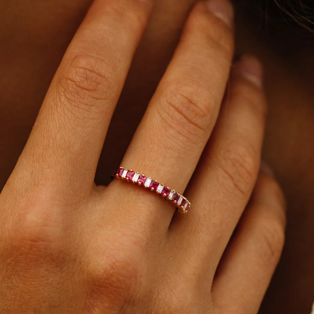 Solid Gold Unique Princess Cut Ruby and Baguette Diamond Ring