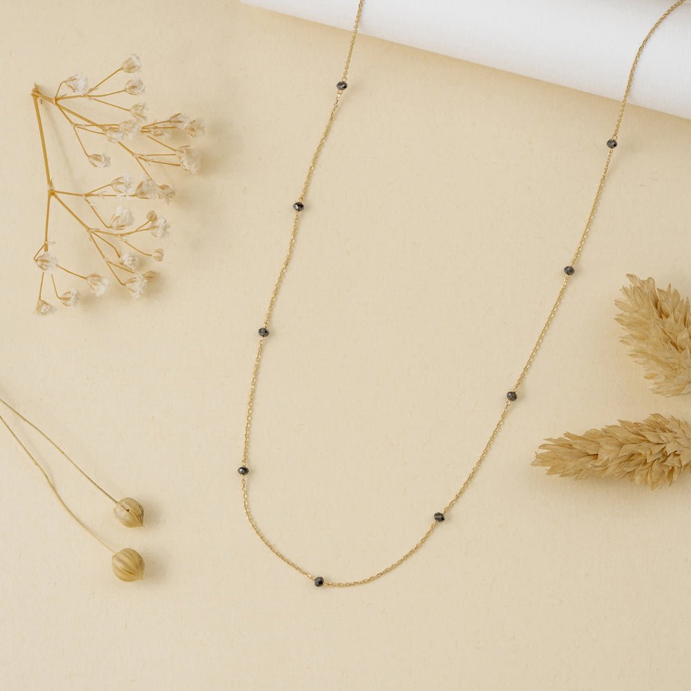 18K Solid Gold Black Diamond Station Necklace - Style B
