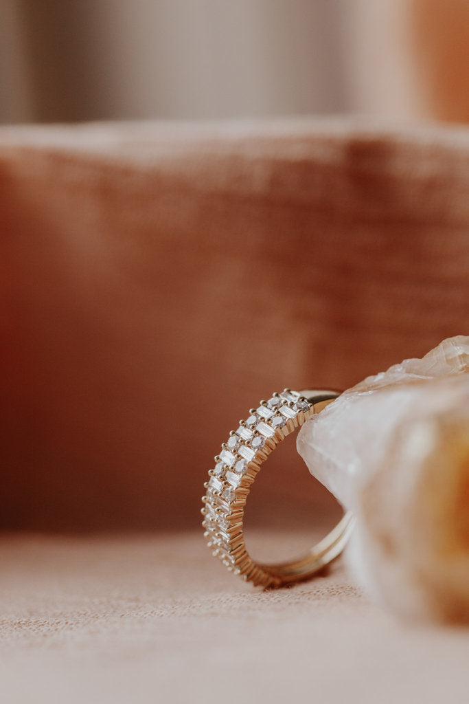 Solid Gold Double Row Baguette and Round Diamond Band