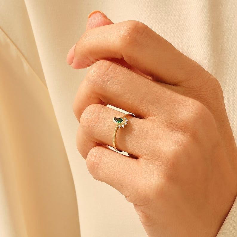 Solid Gold Pear Emerald Ring