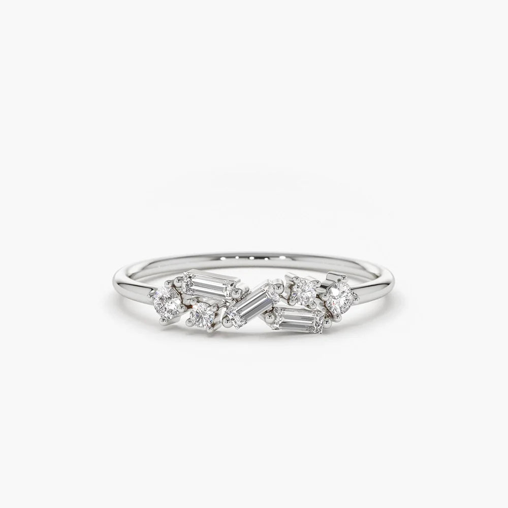 Solid Gold Scattered Baguette and Round Diamond Ring