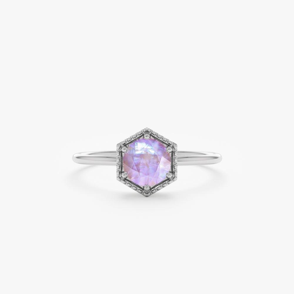 Solid Gold Hexagon Moonstone Ring (4F96C8)