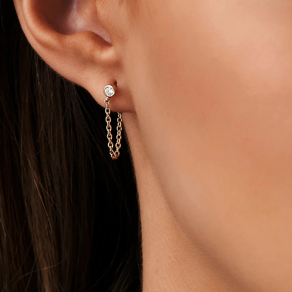 Solid Gold Bezel Setting Diamond Studs Chain Earrings