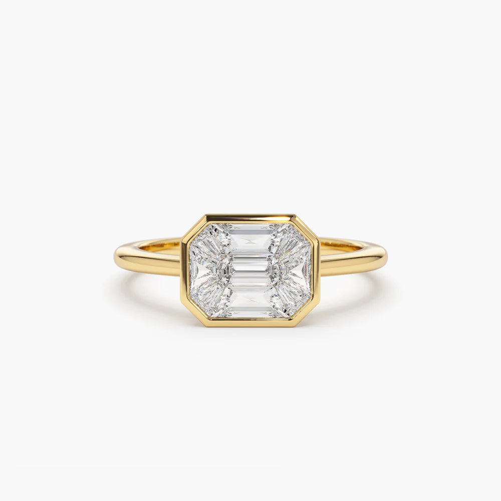 Solid Gold Diamond Ring Emerald Cut East West Illusion Emerald Pie Cut