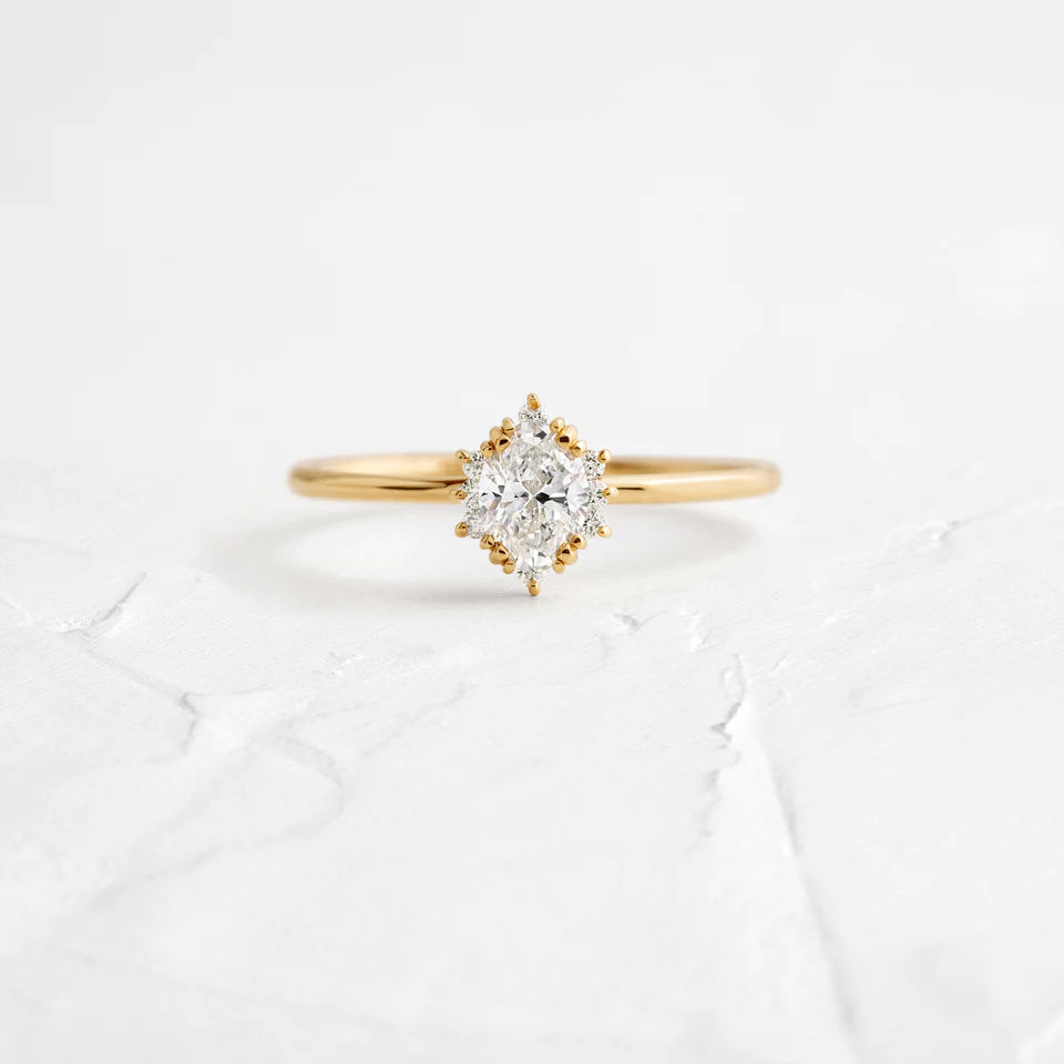 Solid Gold Threaded Ring with Halo, 0.39ct. Oval Cut Moissanite