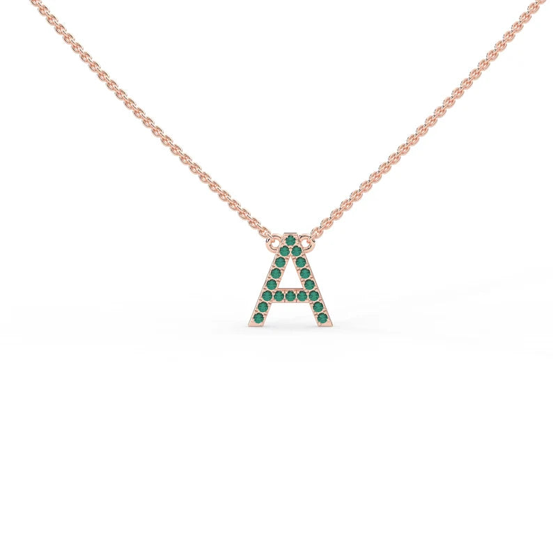 Solid Gold Natural Emerald Initial Necklace
