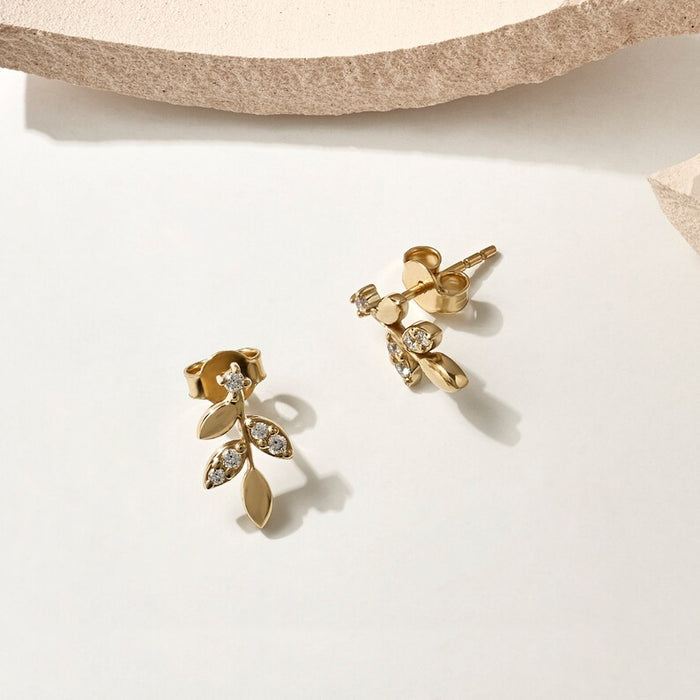 Solid Gold Diamond Leaf Gold Earring