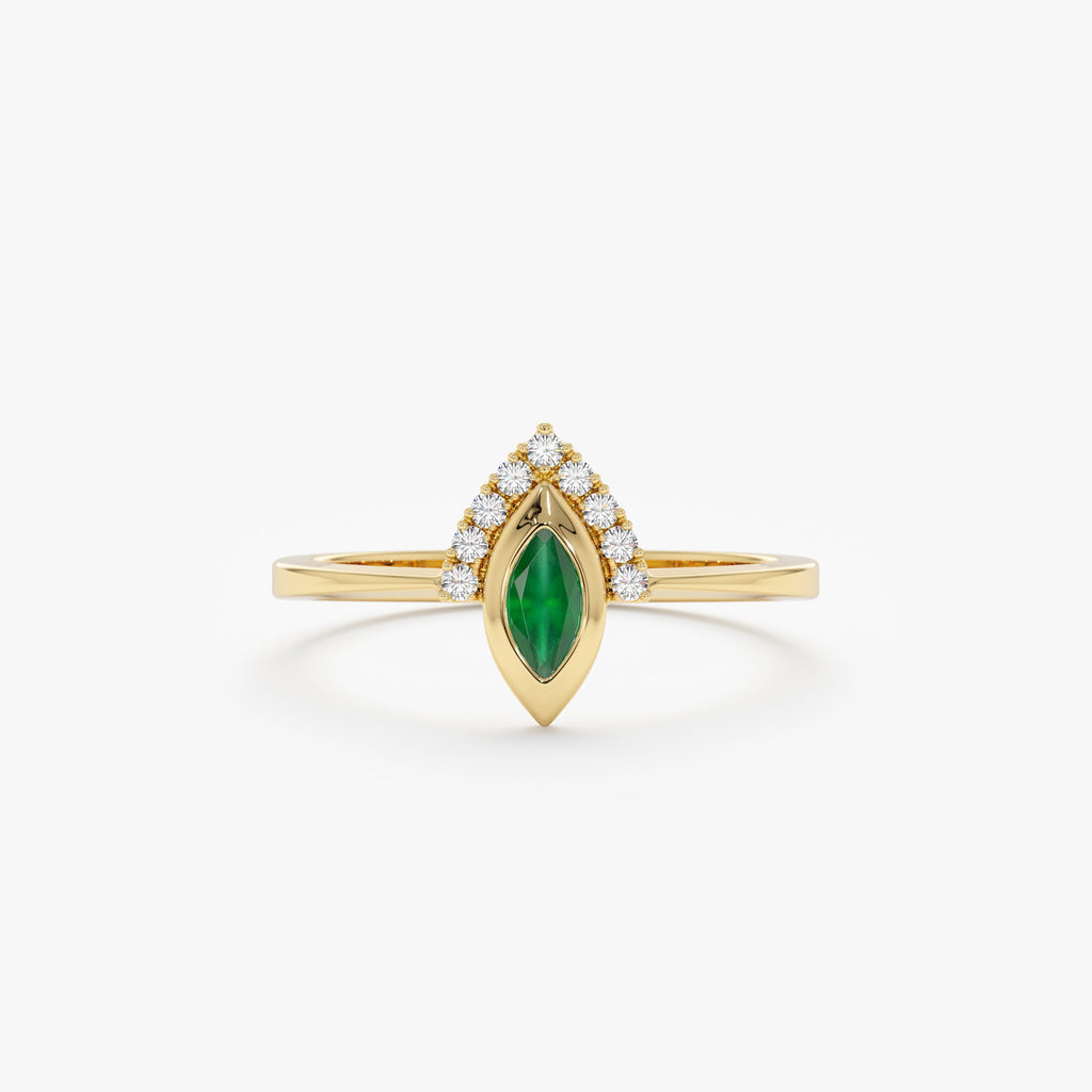 14K Solid Gold 0.04 CT Diamond and Marquise Emerald Ring