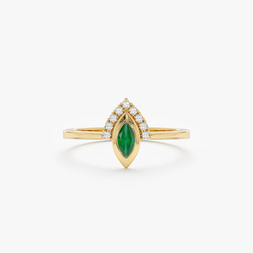 14K Solid Gold 0.04 CT Diamond and Marquise Emerald Ring