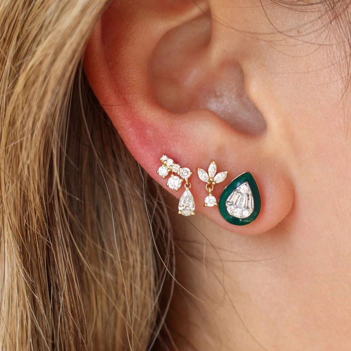 Solid Gold Green Enamel Diamond Pear Stud Earrings