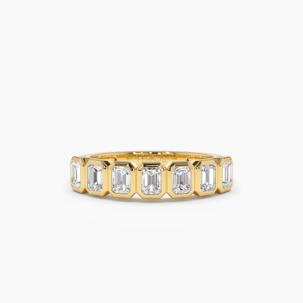 Solid Gold Bezel Setting Emerald Cut Diamond Wedding Band