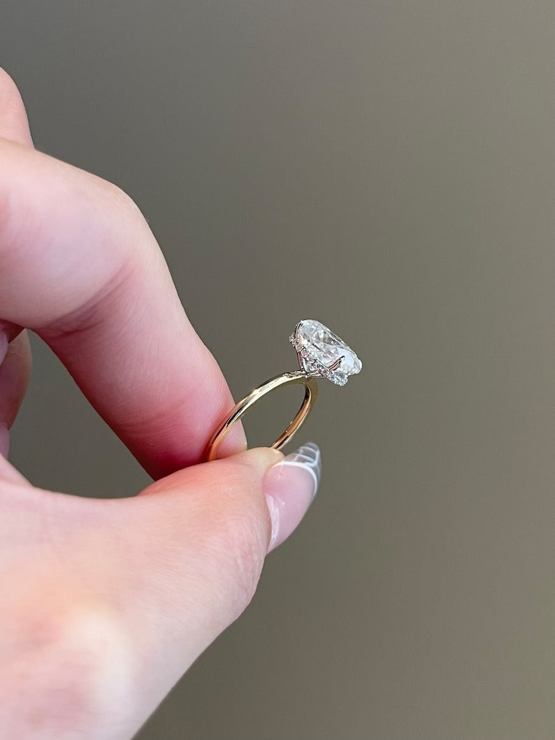 Solid Gold Engagement ring 3 CT Oval Moissanite Halo Invisible Wrap Solitaire