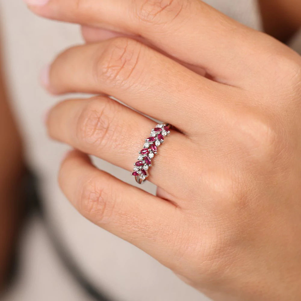 Solid Gold Two Rows Marquise Cut Natural Ruby and Diamond Ring