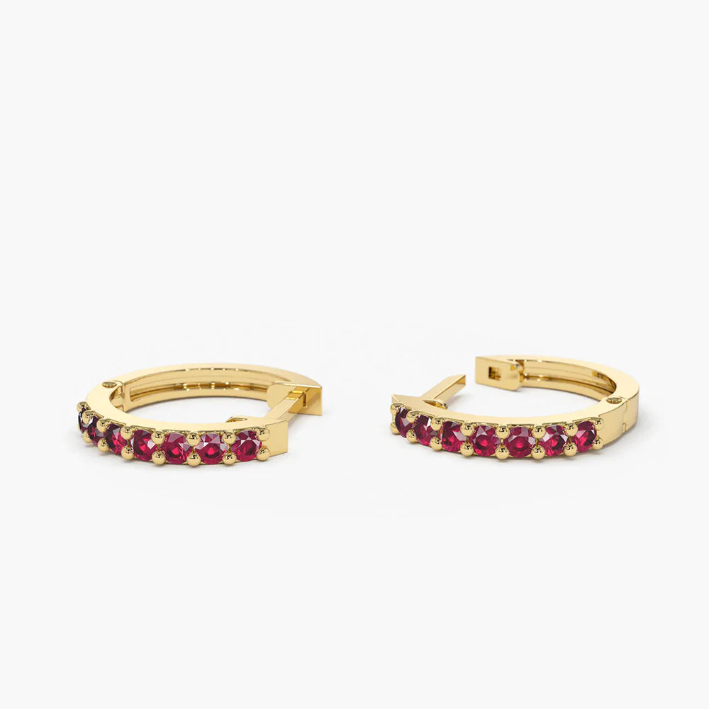 18K Solid Gold Ruby Huggie Hoop Earrings - Style B