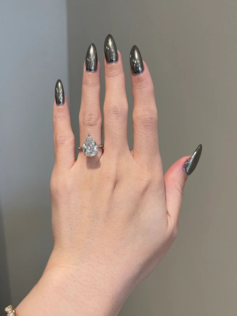 Solid Gold Solitaire Ring Pear Shaped Moissanite 3-Prong Halo Pave Bridge