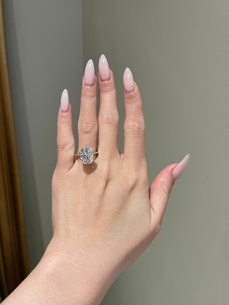 Solid Gold 6 Carat Brilliant E Cushion Cut Moissanite Engagement Ring