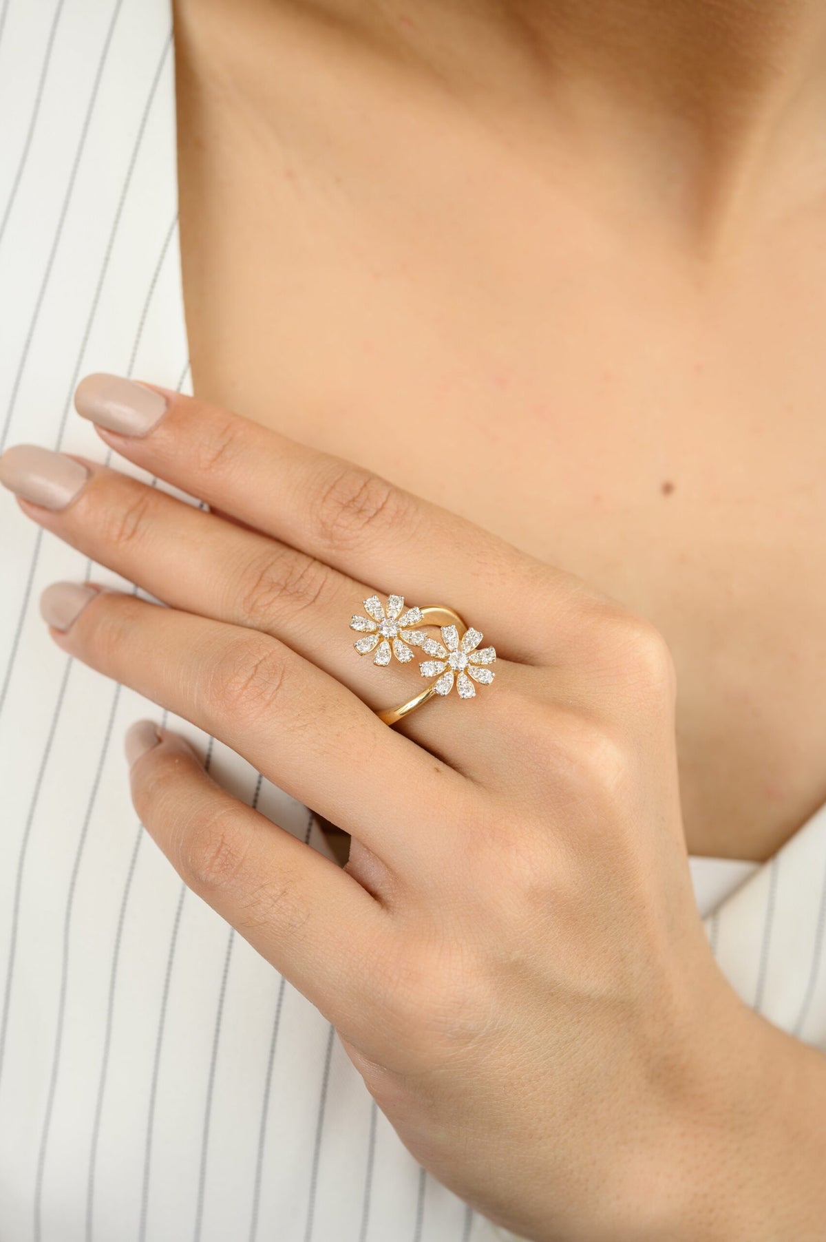 Solid Gold Diamond Flower By Pass Ring