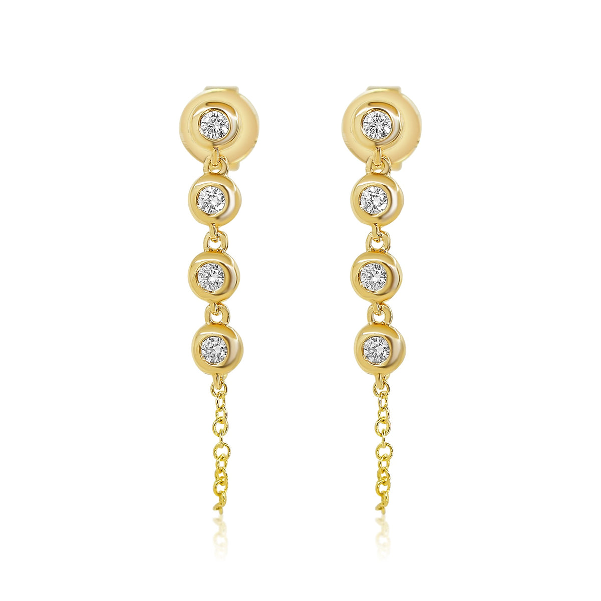 Solid Gold Four Diamond Bezel Chain Loop Earring