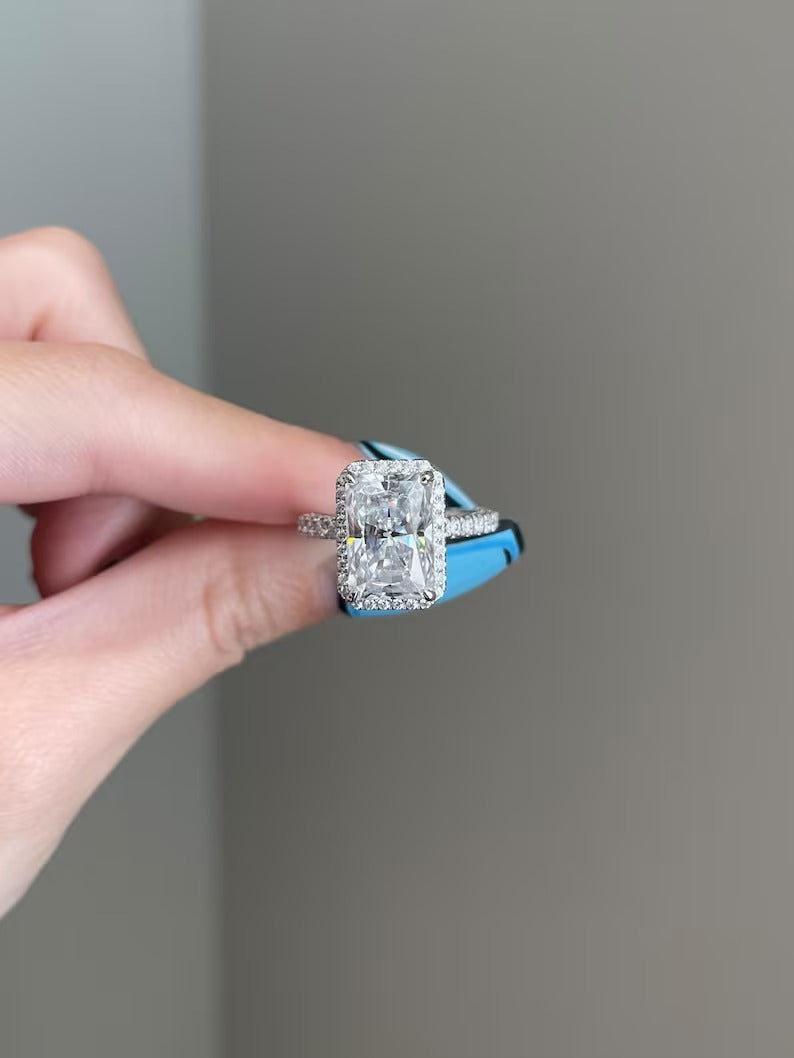 Solid Gold Engagement Ring 6ct Radiant Moissanite Halo Pave Triple Pave