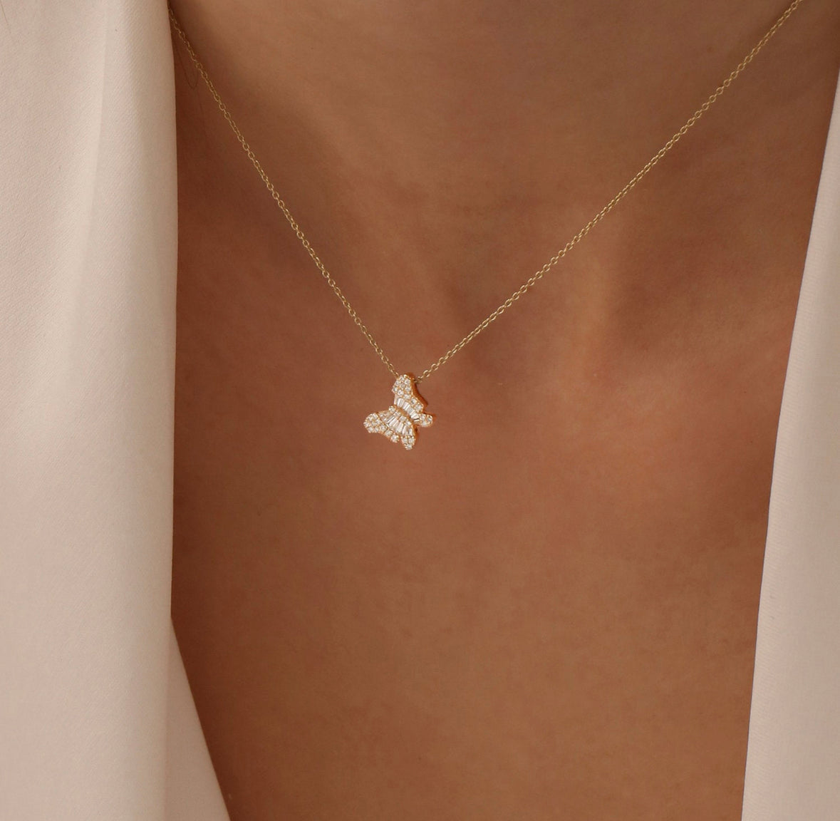 Solid Gold Baguette Diamond Butterfly Necklace