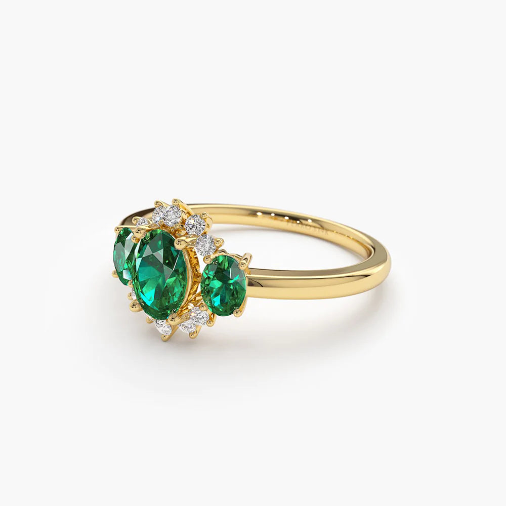 Solid Gold Three Stone Emerald Cluster Ring