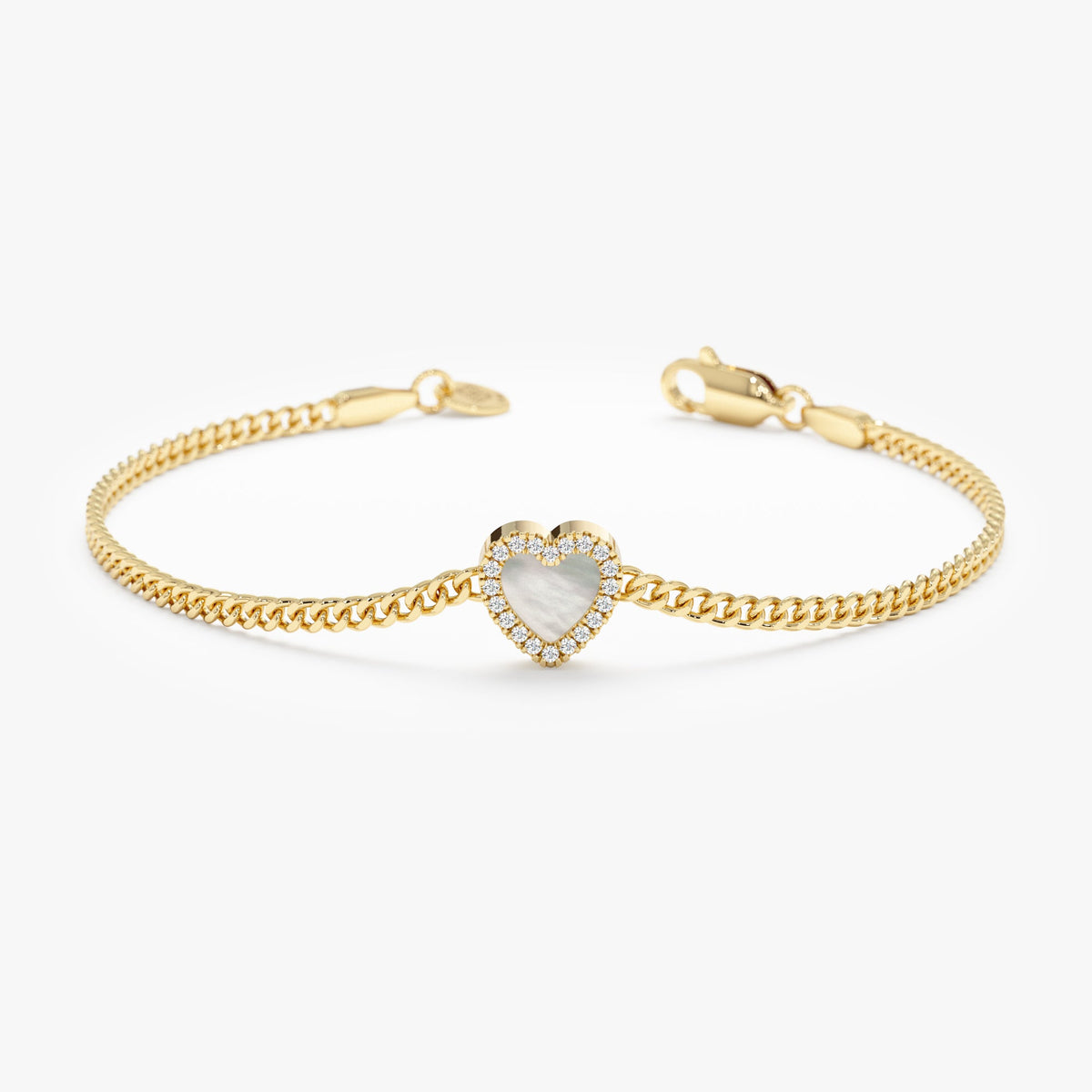 Solid Gold Pearl Heart Cuban Chain Bracelet