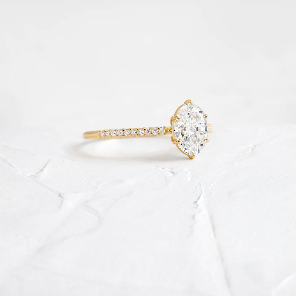 Solid Gold Whisper Ring with Pave Band, 1ct. Oval Cut Moissanite Diamond