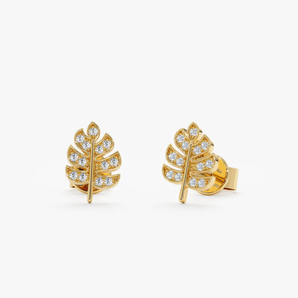 Solid Gold Diamond Palm Leaf Studs