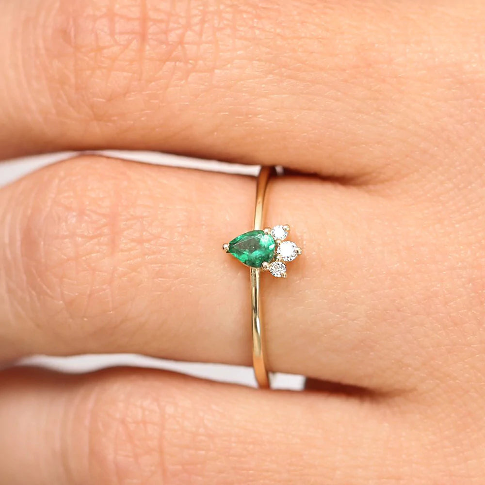 Solid Gold Mini Emerald and Diamond Ring