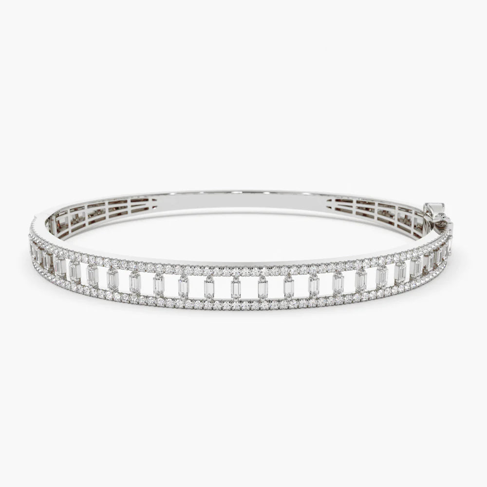 Solid Gold Baguette & Round Diamond Bangle Bracelet