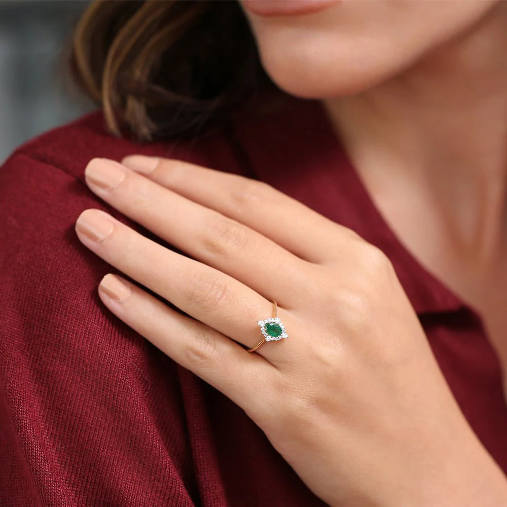 Solid Gold Oval Emerald and Diamond Bell Ring