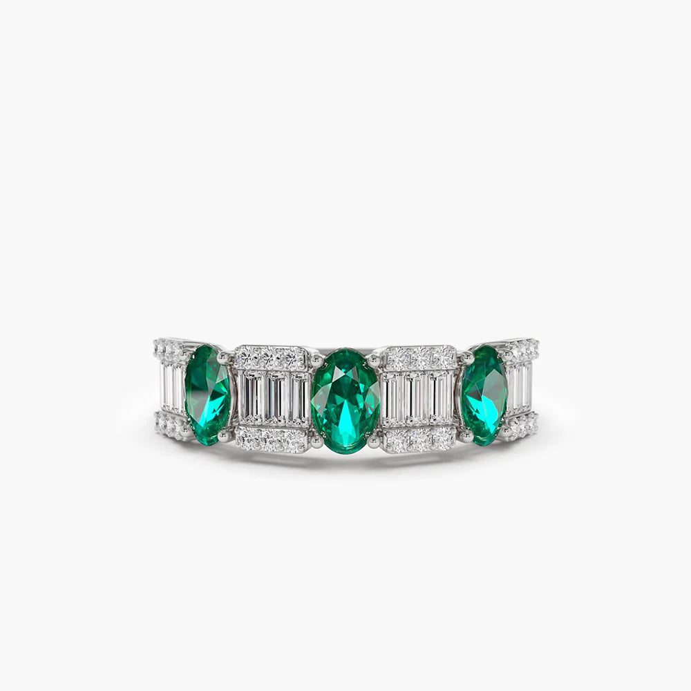 Solid Gold Baguette & Round Diamond with Genuine Emerald Ring