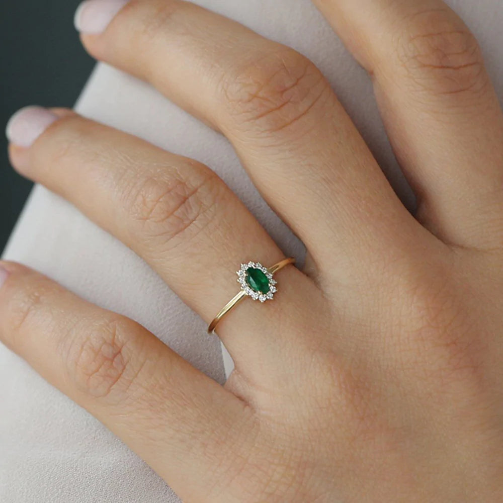 Solid Gold Emerald Ring with Halo Diamonds Ring
