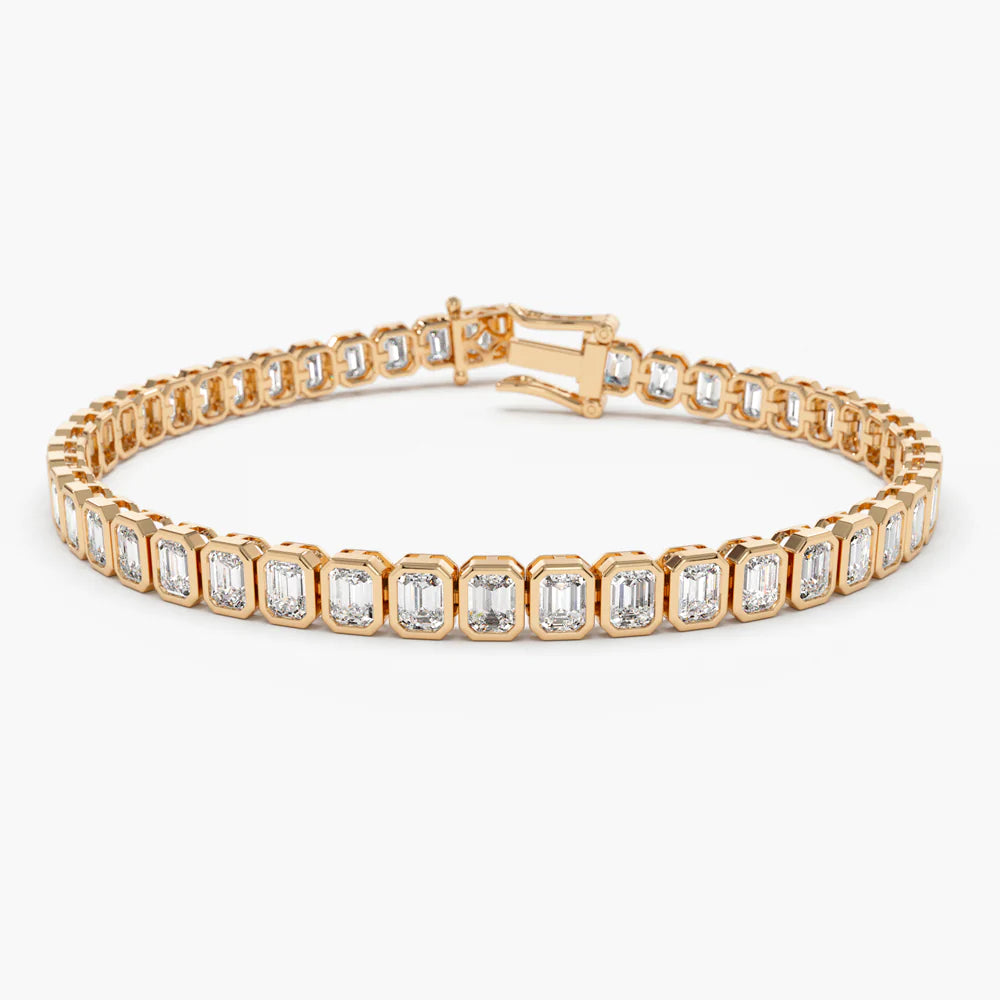 Solid Gold Bezel Setting 5.75 ctw Emerald Cut Diamond Tennis Bracelet